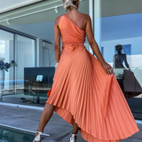 Gabriela – Rochie Maxi Plisată cu un Umăr