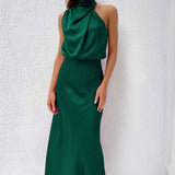 Carlina | Rochie lungă din satin cu decolteu halter