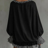 Rochie Mini Loose din Suede Sintetic Negru cu Volane și Dungi