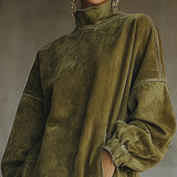 Rochie din Suede Sintetic cu Guler înalt și Dantelă