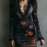 Rochie Mini Slim-fit din Catifea cu Imprimeu Floral și Dantelă la Gât