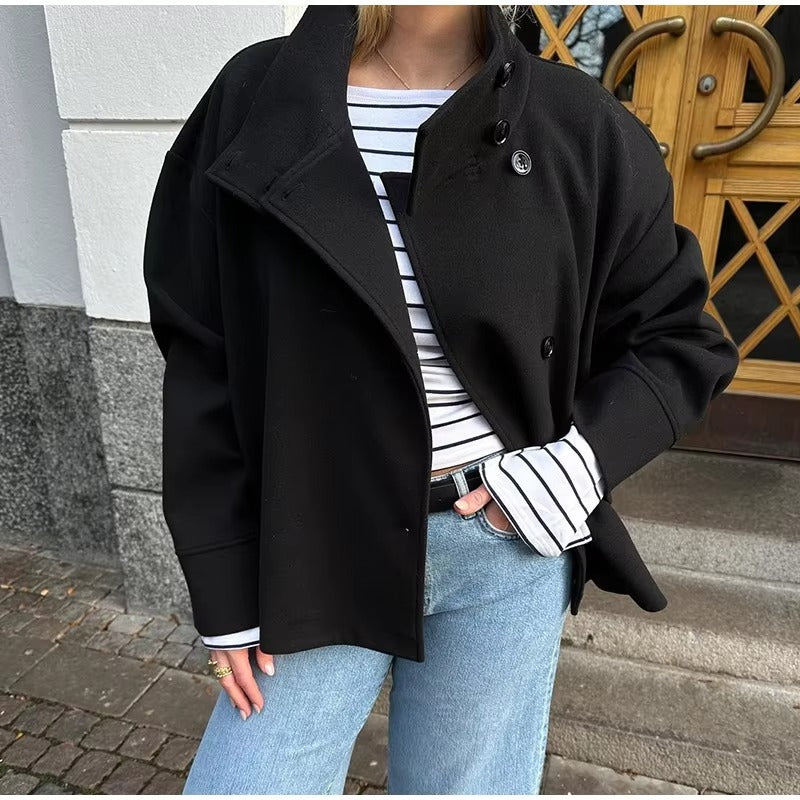 Jachetă Scurtă Elegantă cu Nasturi Dubli, de Damă, Ușor de Asortat – purtată, vedere 3/4, negru