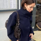 Jachetă Scurtă Elegantă cu Nasturi Dubli, de Damă, Ușor de Asortat – purtată, vedere laterală, bleumarin închis